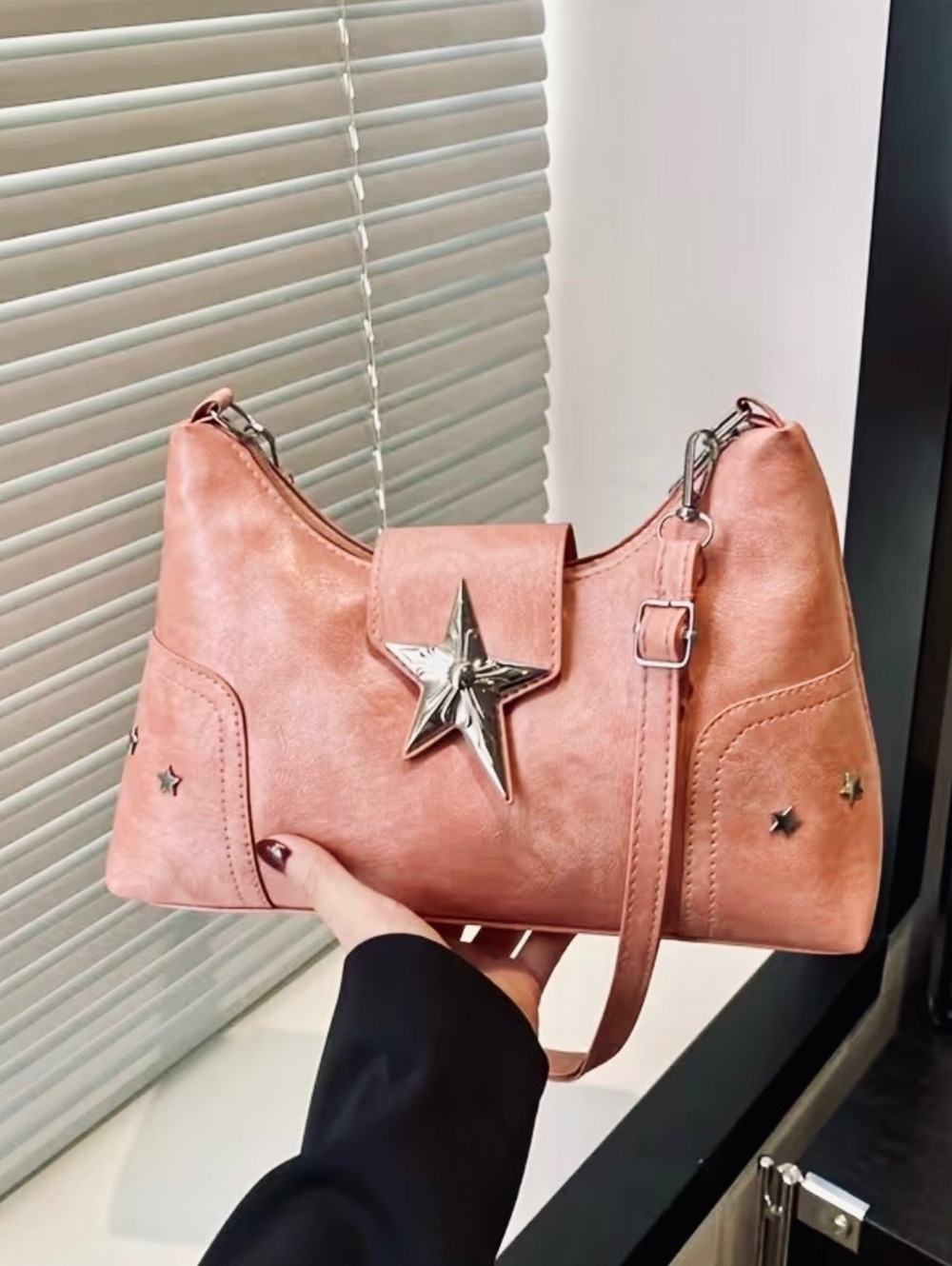 New - Super Cool Faux Leather Crossbody Bag Embellished w/Silver Sparkly Star